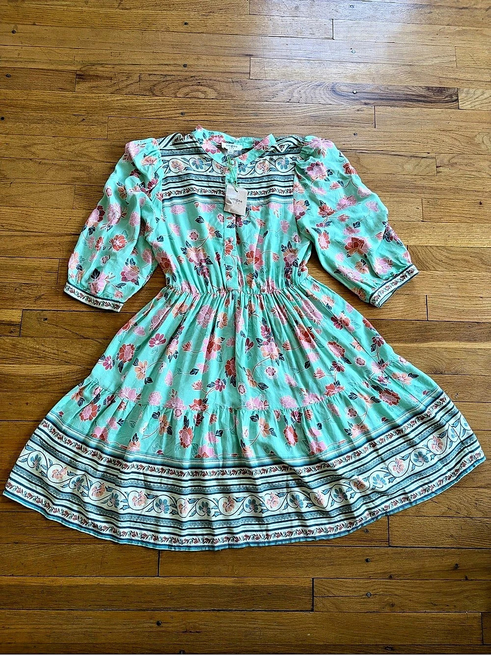 Umgee Floral Midi drop waist Dress in Green & Pink NWT women’s small